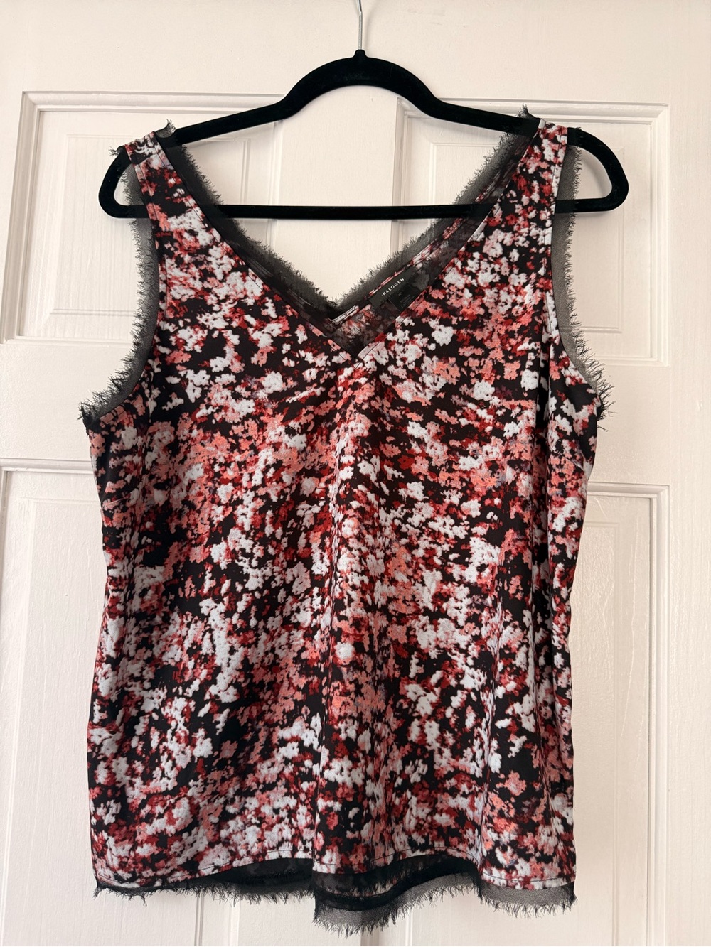 Halogen Raw Edge Tank Black Pink Forester Ditsy Lace V-Neck Sleeveless Blouse